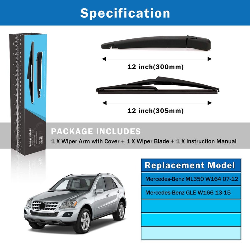 WTI Rear Wiper Arm Blade Set Compatible With Mercedes-Benz ML-Class W164 2006-2011 / Compatible With Mercedes-Benz M-Class GLE-Class W166 2012-2019 New Rear Windshield Window Wiper Kits Assembly - Image 5